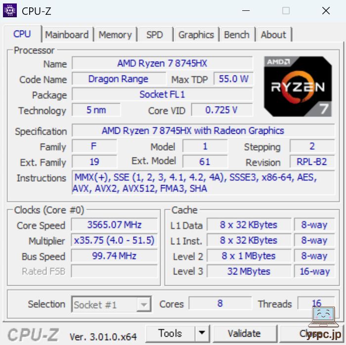 HyperX OMEN 15（AMD）のCPU-Z情報
