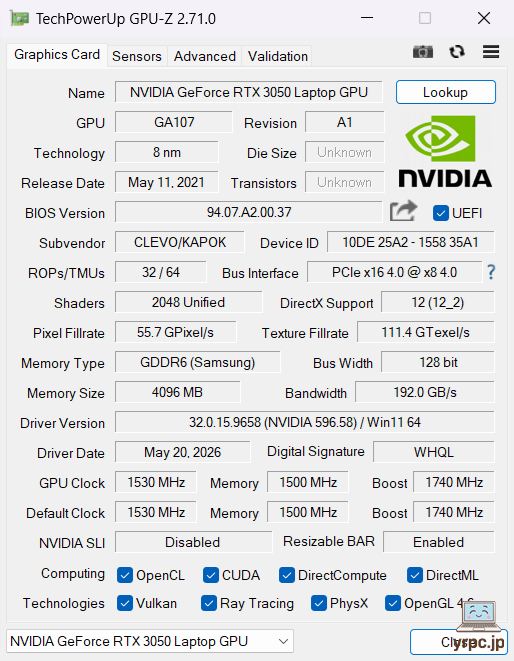  NEXTGEAR J5-A5G50WT-A（ホワイト）のGPU-Z情報